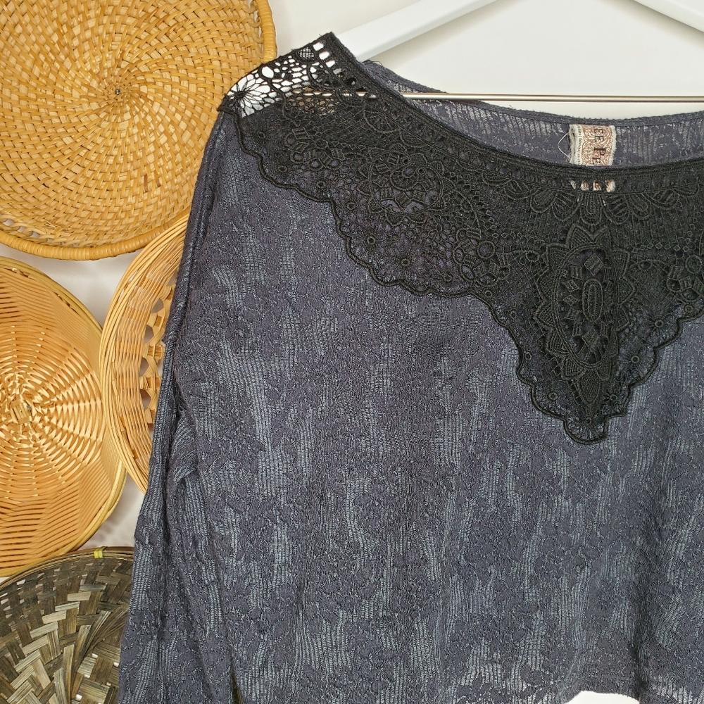 Free People Blue Floral Lace Crop Victorian Boho - Picture 2 of 7